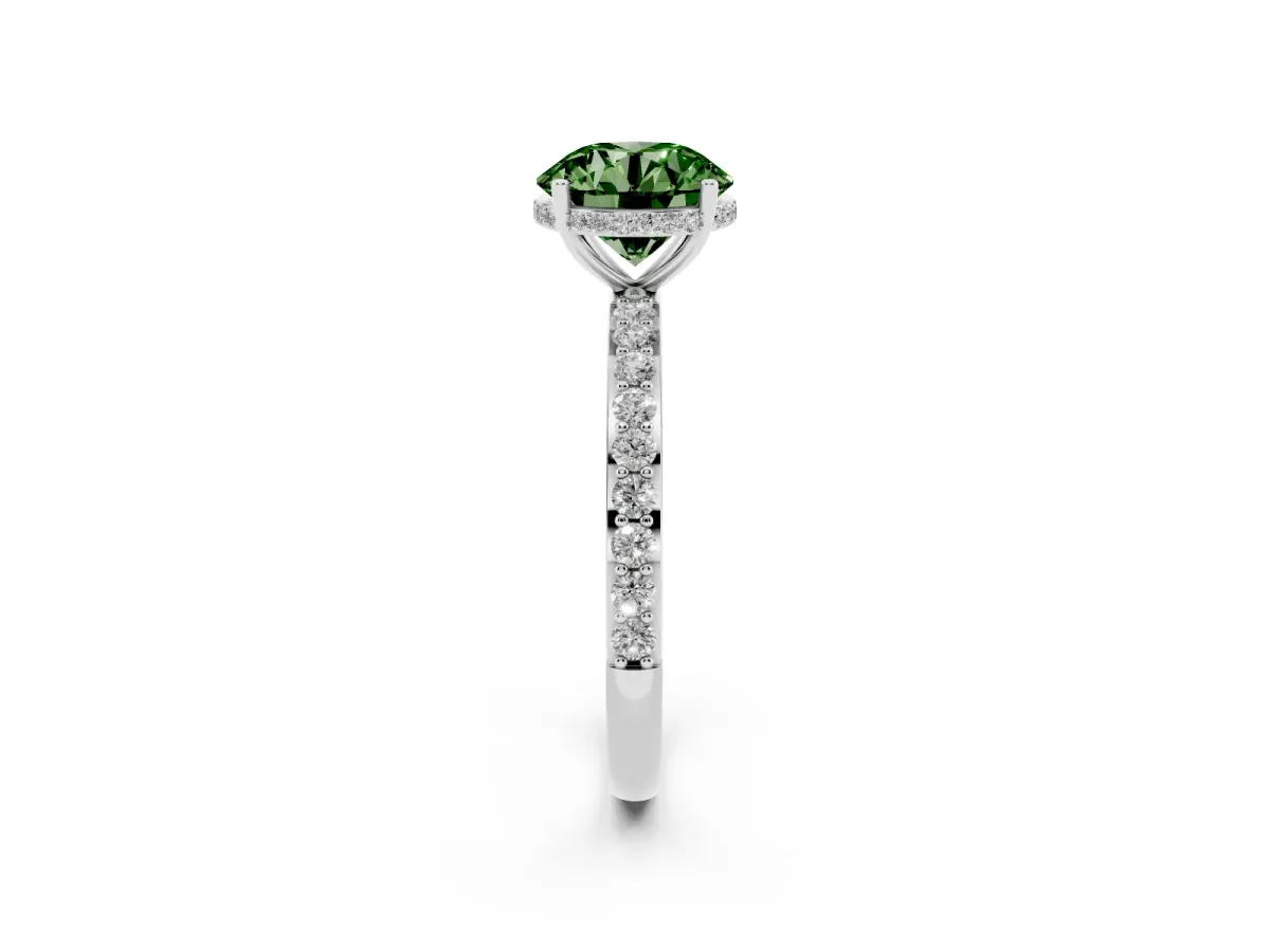 Fancy Green Round Cut Diamond Solitaire Ring with Pavé Band and Hidden Halo White gold