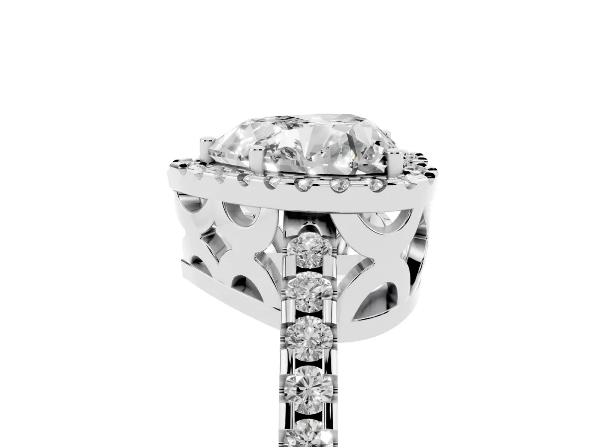 Heart Cut Diamond Halo Engagement Ring with Pavé Band and Prong Setting Platinum