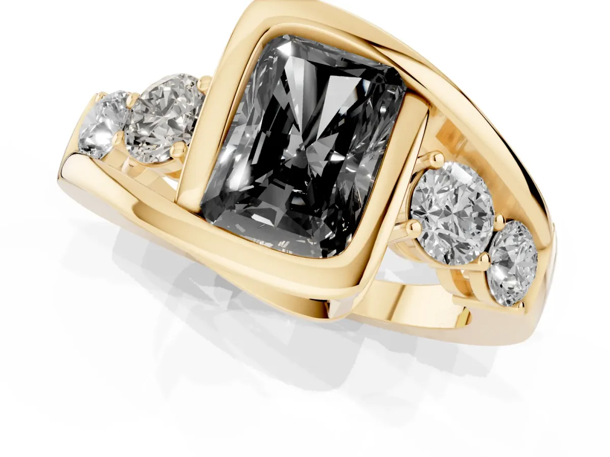 Fancy Black Bezel Set Radiant Cut Diamond Bypass Ring with Round Accents Yellow gold