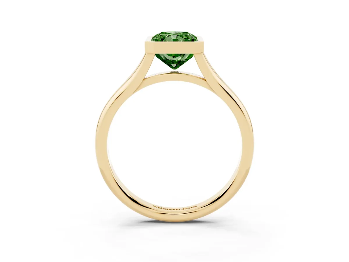 Fancy Green Bezel Set Radiant Cut Cut Solitaire Ring with Tapered Band Yellow gold