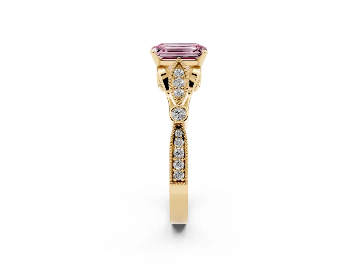 Fancy Pink Emerald Cut Cut Diamond with Milgrain Marquise and Bezel Accents on a Solitaire Band with Prong Setting Yellow gold
