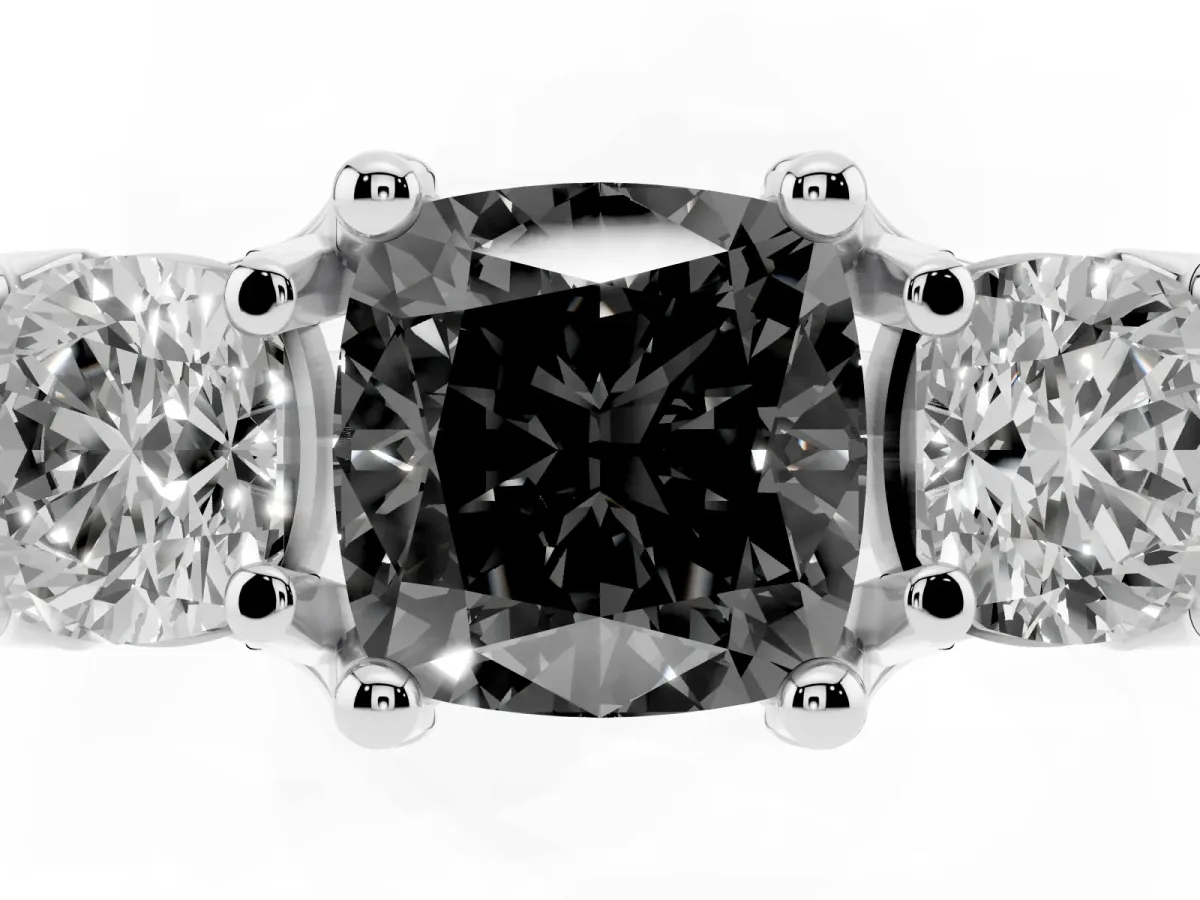 Fancy Black Cushion Cut Diamond Three-Stone Ring with Channel Set Band and Four-Prong Setting Silver