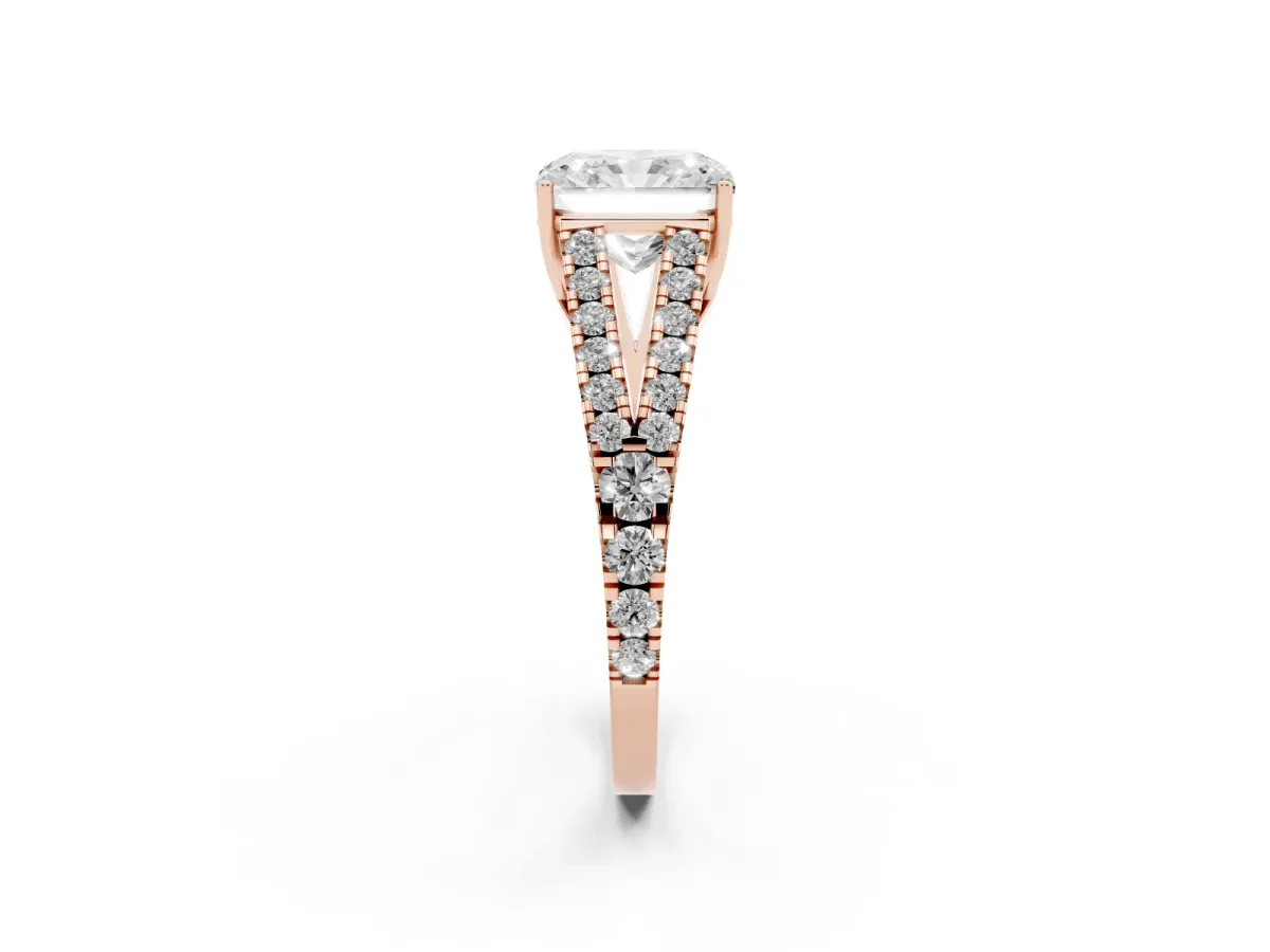 Radiant Cut Diamond Split Shank Pavé Engagement Ring with Four-Prong Setting Rose gold