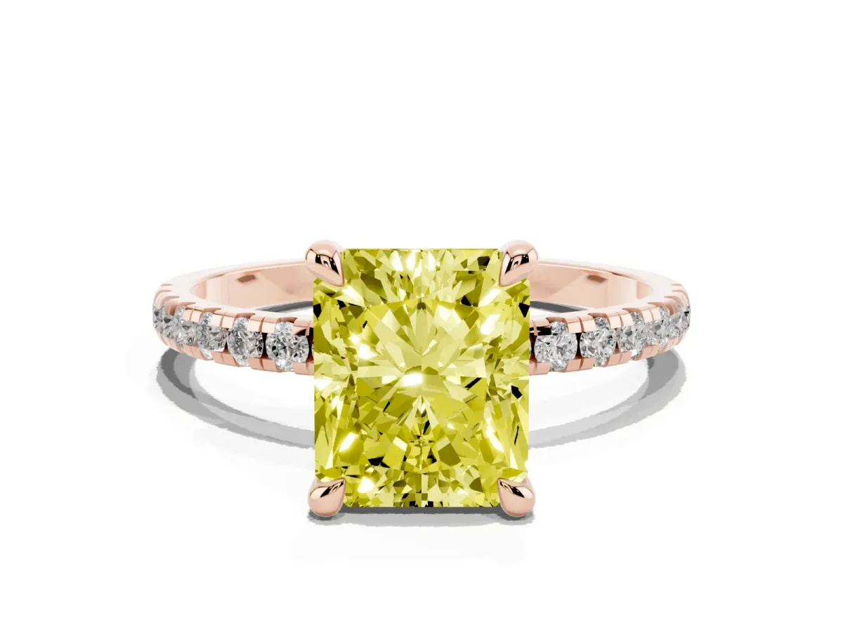 Fancy Yellow Radiant Cut Diamond Brilliant Solitaire Ring with Pavé Band and Four-Prong Setting Rose gold