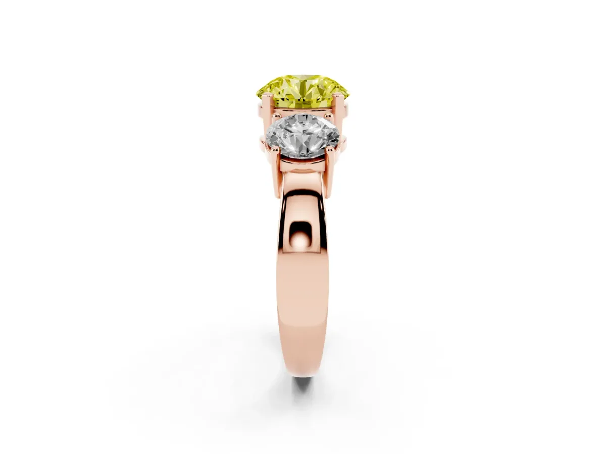 Fancy Yellow Three-Stone Round Cut Diamond Ring with Round Side Stones, Classic Band, and Four-Prong Setting Rose gold