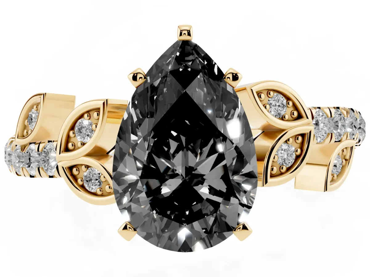 Fancy Black Pear Cut Solitaire Leaf-Inspired Diamond Ring with Pavé Band and Four-Prong Setting Yellow gold