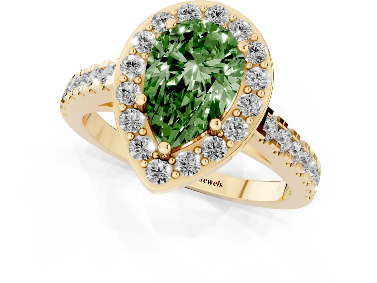 Fancy Green Pear Cut Diamond Halo Ring with Round Pavé Split Shank and Prong Setting Yellow gold