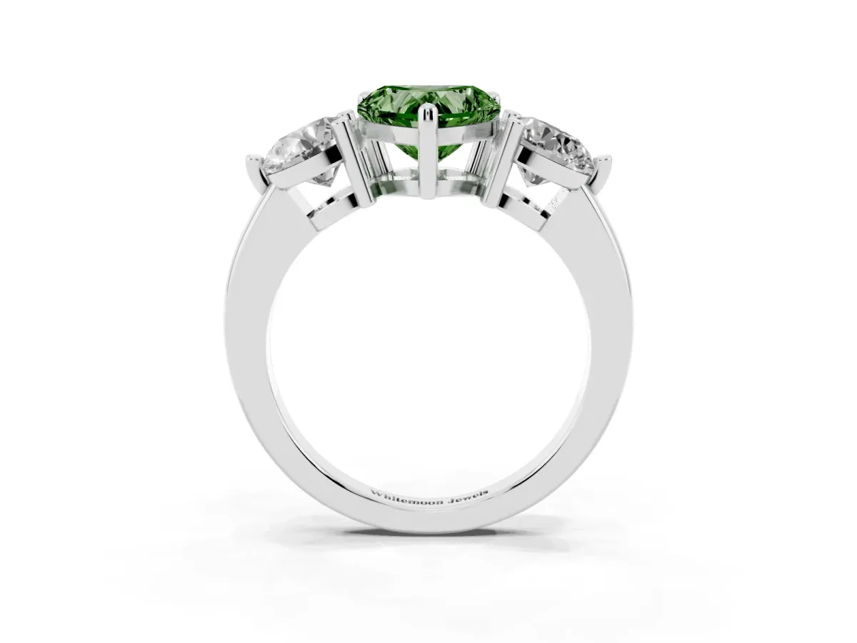 Fancy Green Three-Stone Heart Cut Brilliant Cut Solitaire Ring with Prong Setting on a Classic Band White gold