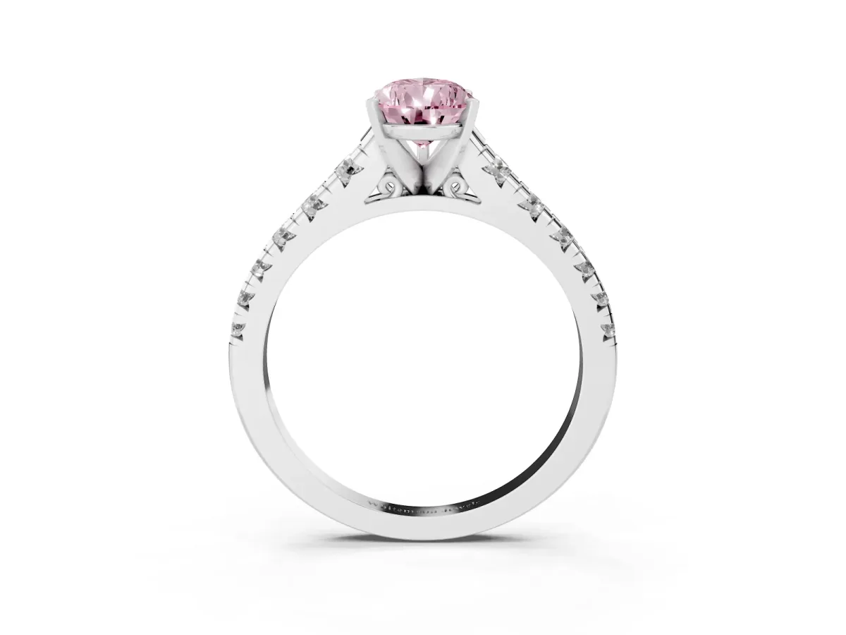 Fancy Pink Pear Cut Diamond Cathedral Solitaire Ring with Round Pavé Band Silver