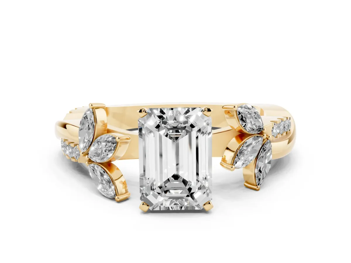 Emerald Cut Diamond Floral Vine Solitaire Engagement Ring Yellow gold