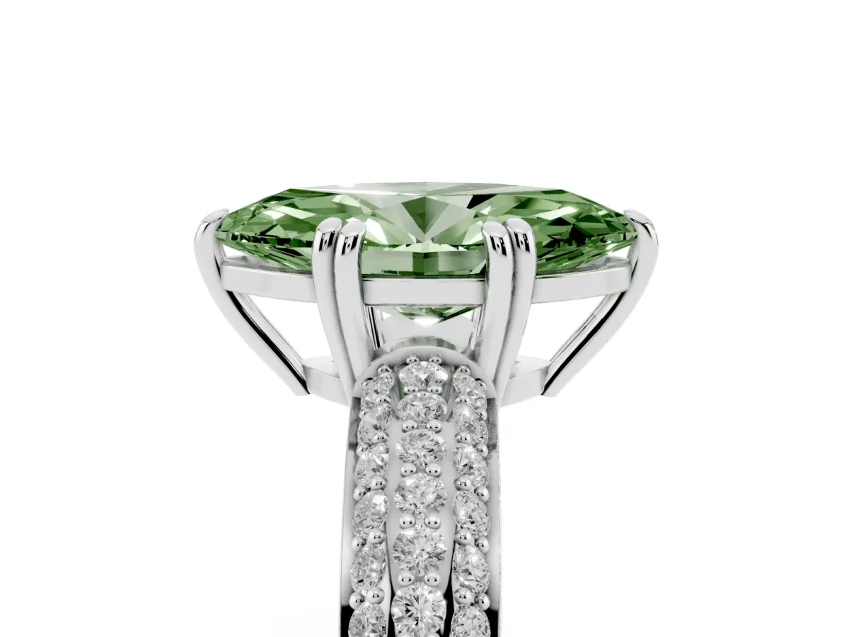 Fancy Green Marquise Cut Diamond Solitaire Ring with Multi-Row Round Pavé Band and Prong Setting Platinum