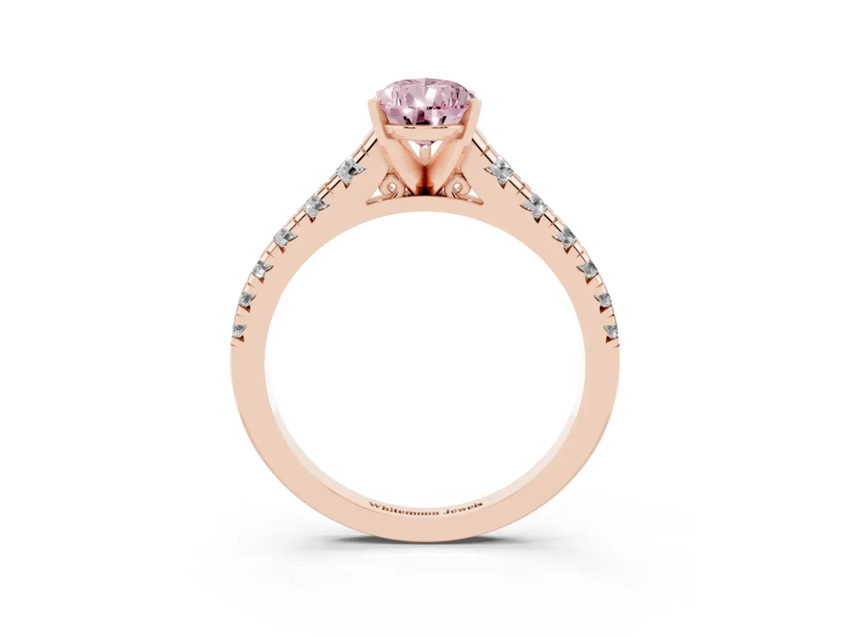 Fancy Pink Pear Cut Diamond Cathedral Solitaire Ring with Round Pavé Band Rose gold