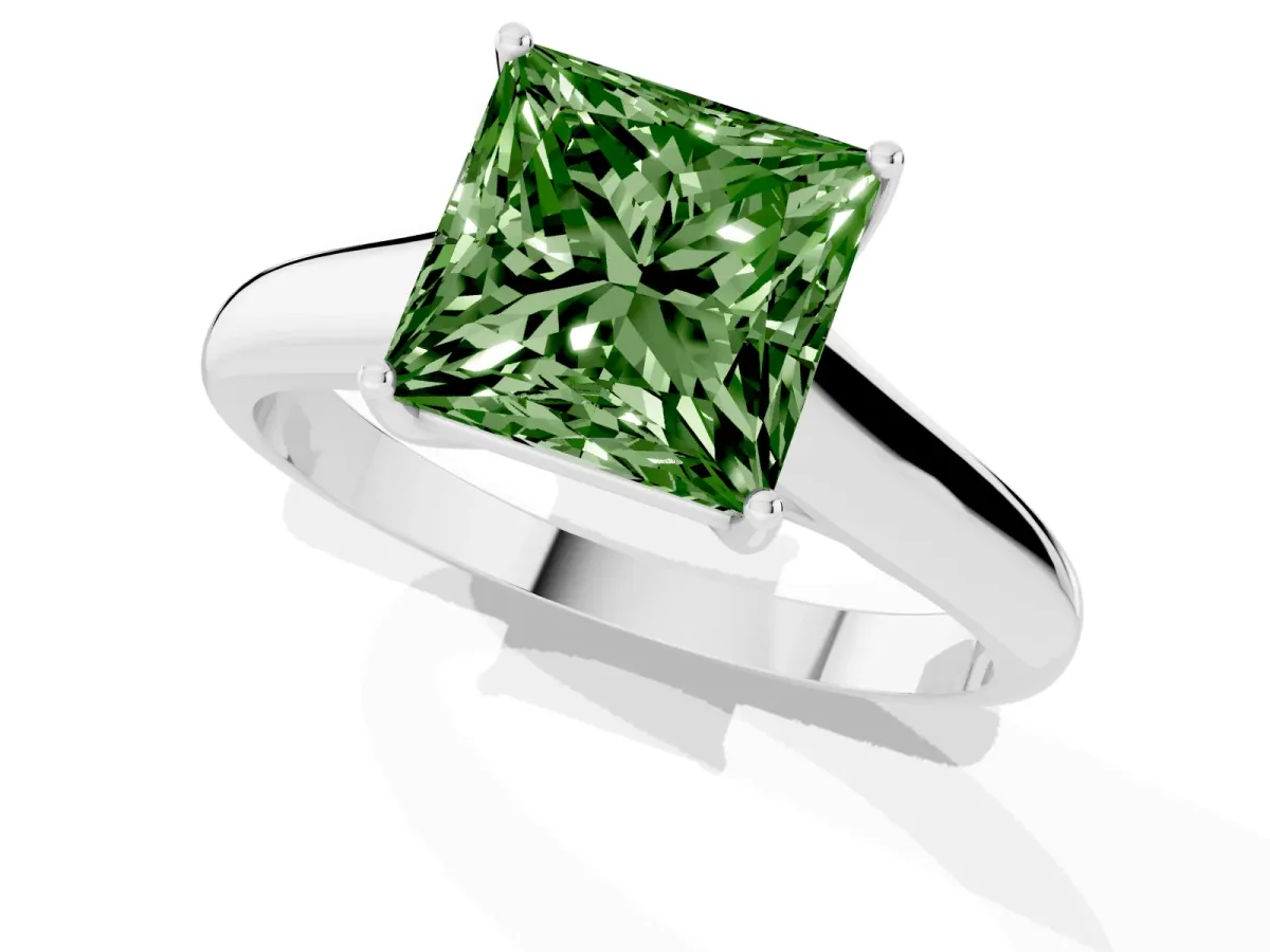 Fancy Green Princess Cut Solitaire Engagement Ring with Tapered Band and Four-Prong Setting Silver