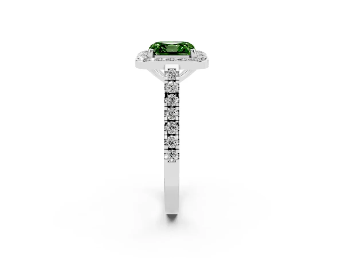 Fancy Green Asscher Cut Diamond Halo Ring with Round Pavé Split Shank and Prong Setting Silver