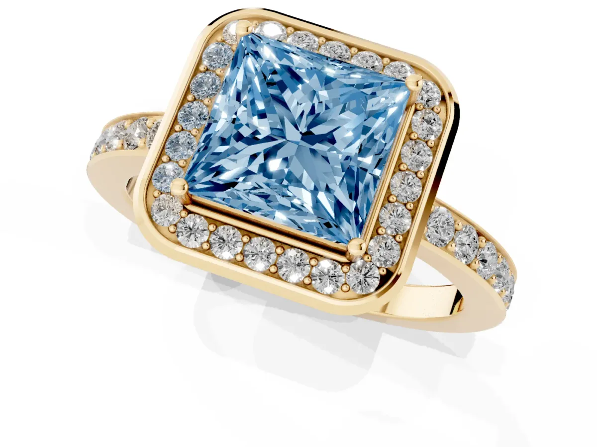 Fancy Blue Princess Cut Diamond Halo Ring with Bezel Frame and Pavé Band Yellow gold