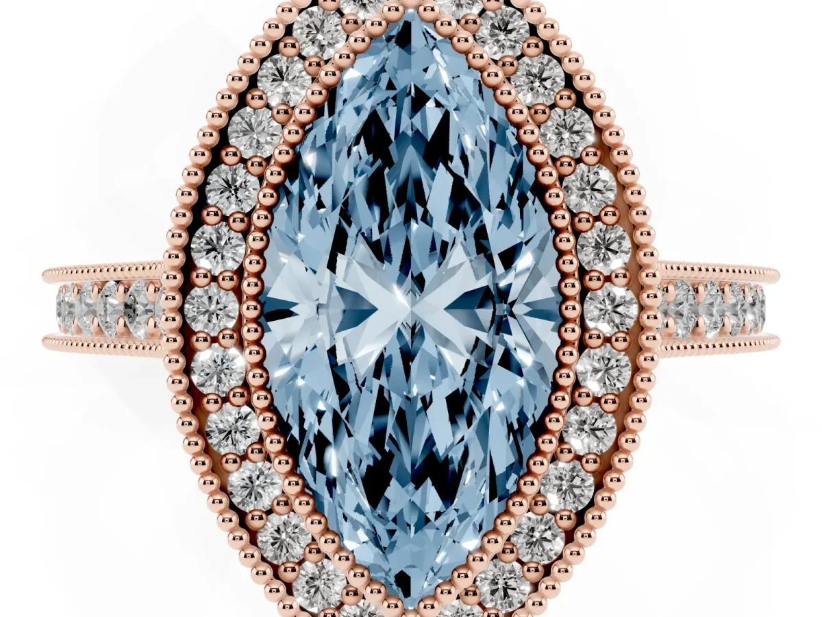 Fancy Blue Halo Marquise Cut-Cut Diamond Pave Band Milgrain Prong Setting Ring Rose gold