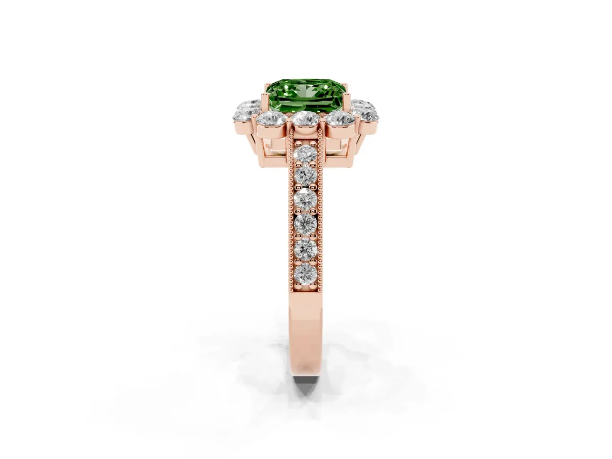 Fancy Green Princess Cut Cut Halo Diamond Pavé Engagement Ring with Milgrain Detailing Rose gold