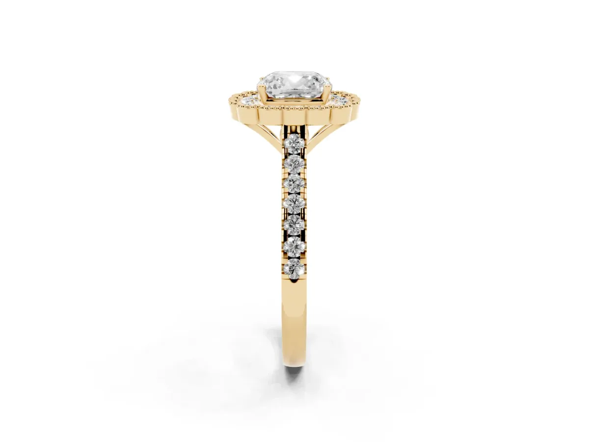 Cushion Cut Cut Diamond Milgrain Floral Halo Engagement Ring with Pavé Band Yellow gold