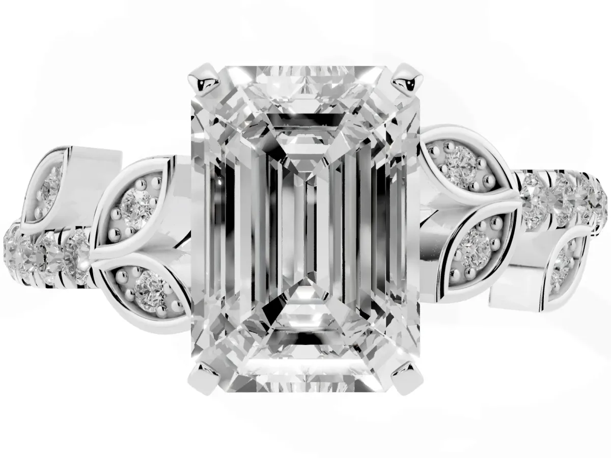 Emerald Cut Solitaire Leaf-Inspired Diamond Ring with Pavé Band and Four-Prong Setting Silver