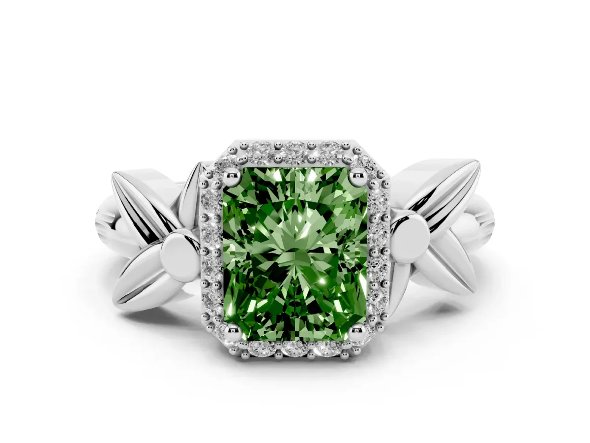 Fancy Green Radiant Cut Halo Diamond Floral Band with Four-Prong Setting Silver