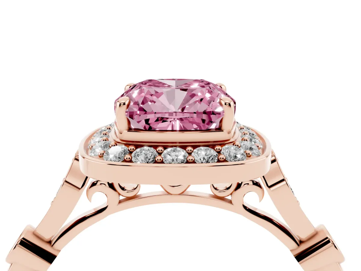 Fancy Pink Cushion Cut Halo Diamond Engagement Ring with Twisted Band and Four-Prong Setting Rose gold