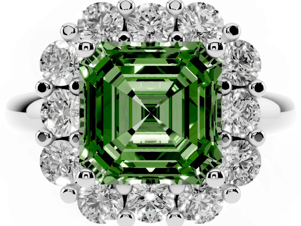 Fancy Green Asscher Cut Halo Cluster Diamond Engagement Ring with Prong Setting and Polished Band Platinum