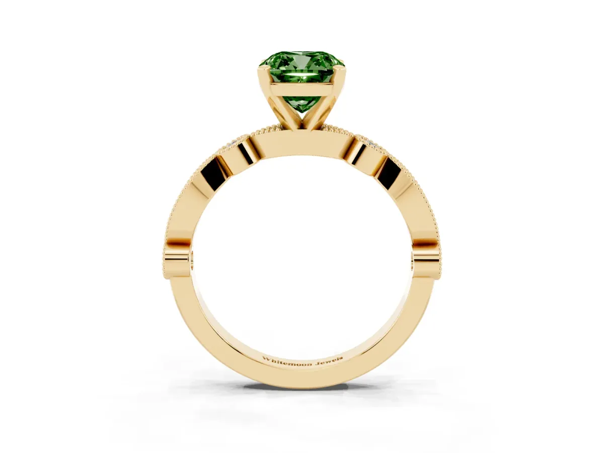 Fancy Green Cushion Cut Milgrain Bezel Diamond Engagement Ring with Solitaire Prong Setting Yellow gold