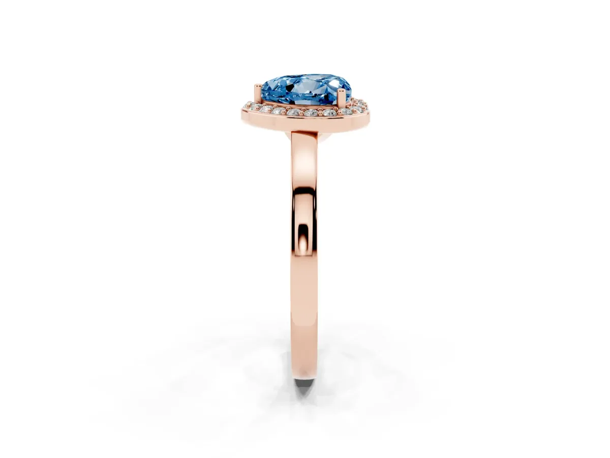 Fancy Blue Heart Cut Halo Diamond Ring with Solitaire Band and Prong Setting Rose gold