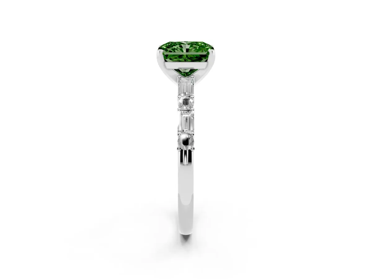 Fancy Green Radiant Cut Diamond Solitaire with Side Baguettes and Channel Set Band Silver