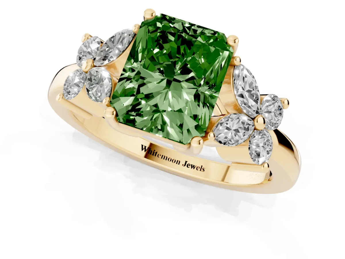 Fancy Green Radiant Cut Diamond Floral Cluster Ring with Solitaire Band and Prong Setting Yellow gold