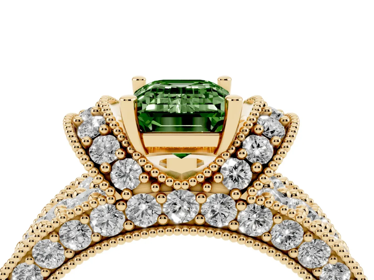 Fancy Green Emerald Cut Halo Pave Diamond Engagement Ring with Milgrain Detailing Yellow gold