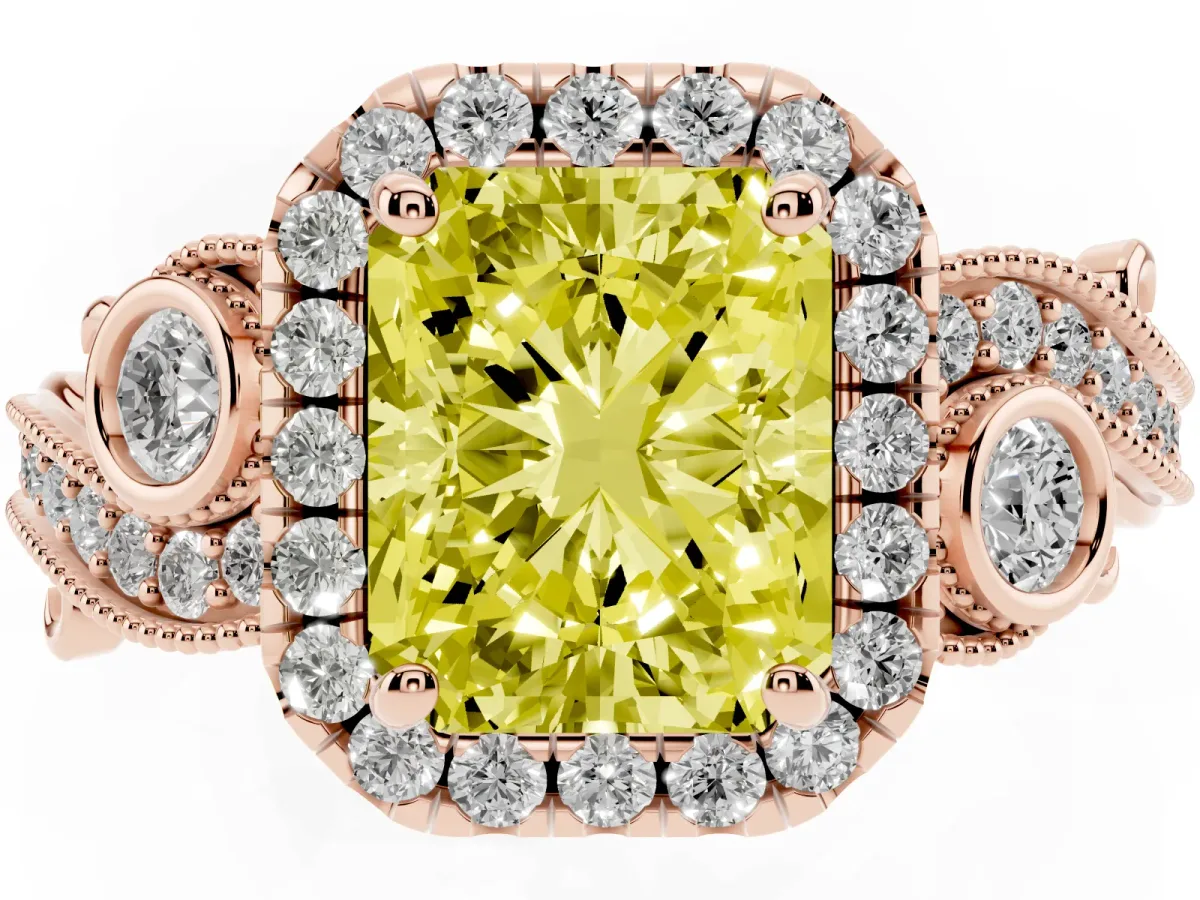Fancy Yellow Radiant Cut Diamond Halo Ring with Milgrain Pavé Band and Four-Prong Setting Rose gold