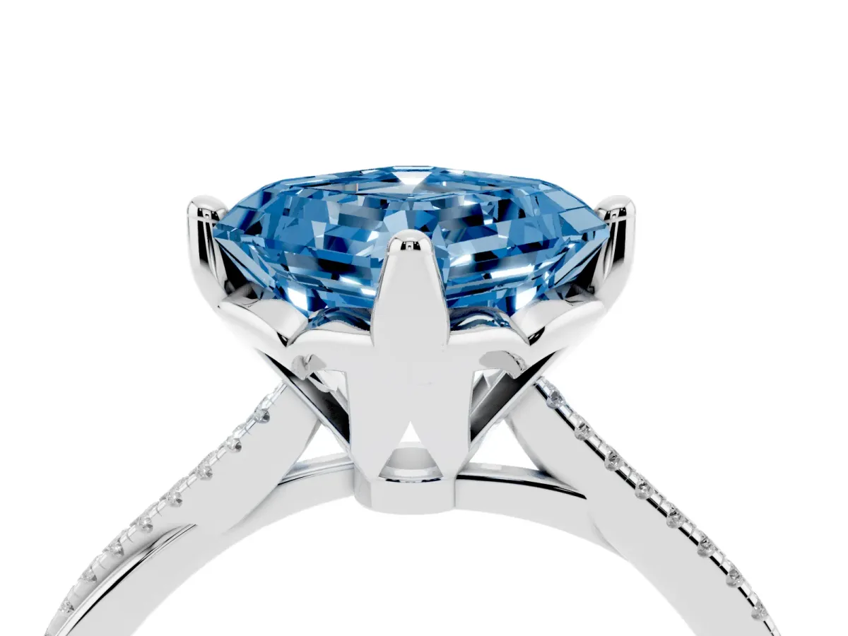 Fancy Blue Asscher Cut Solitaire Twist Band with Pavé Diamonds and Four-Prong Setting White gold