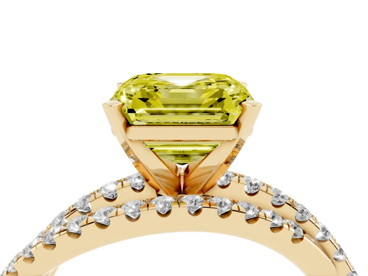 Fancy Yellow Asscher Cut Solitaire Twist Band with Pavé Setting and Four-Prong Setting Yellow gold