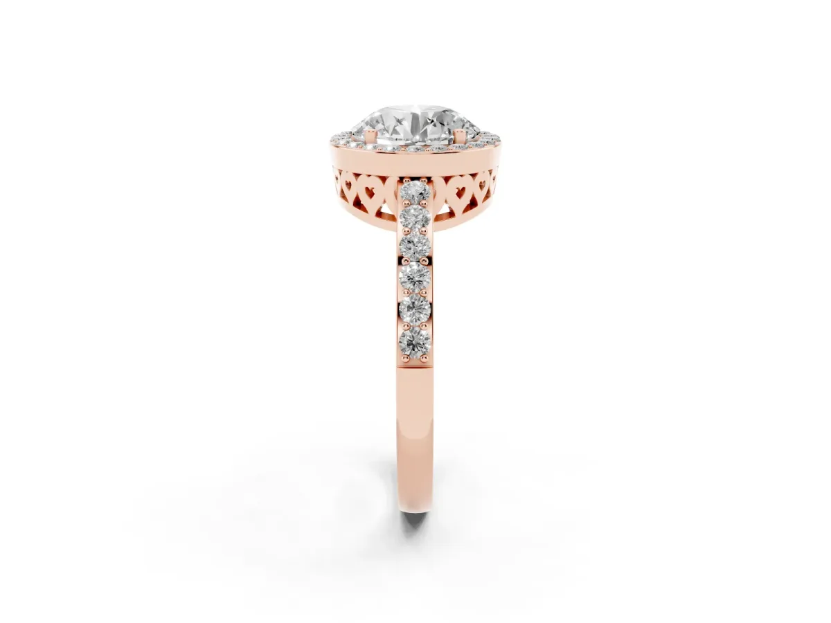 Round Cut Halo Diamond Pavé Band Ring with Prong Setting Rose gold