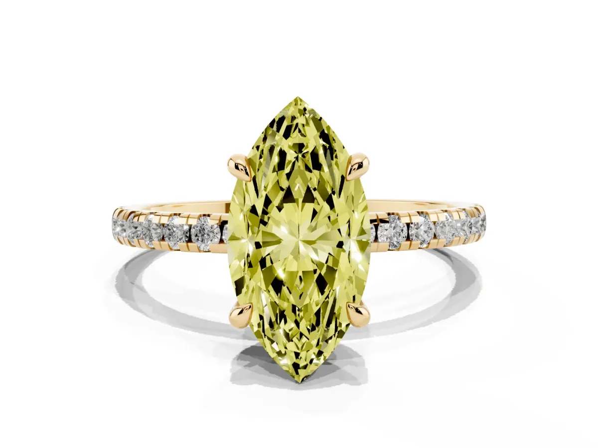 Fancy Yellow Marquise Cut Diamond Brilliant Solitaire Ring with Pavé Band and Four-Prong Setting Yellow gold