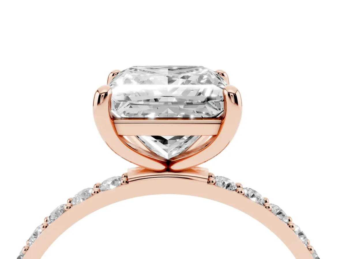 Princess Cut Diamond Solitaire Ring with Round Pavé Band and Prong Setting Rose gold