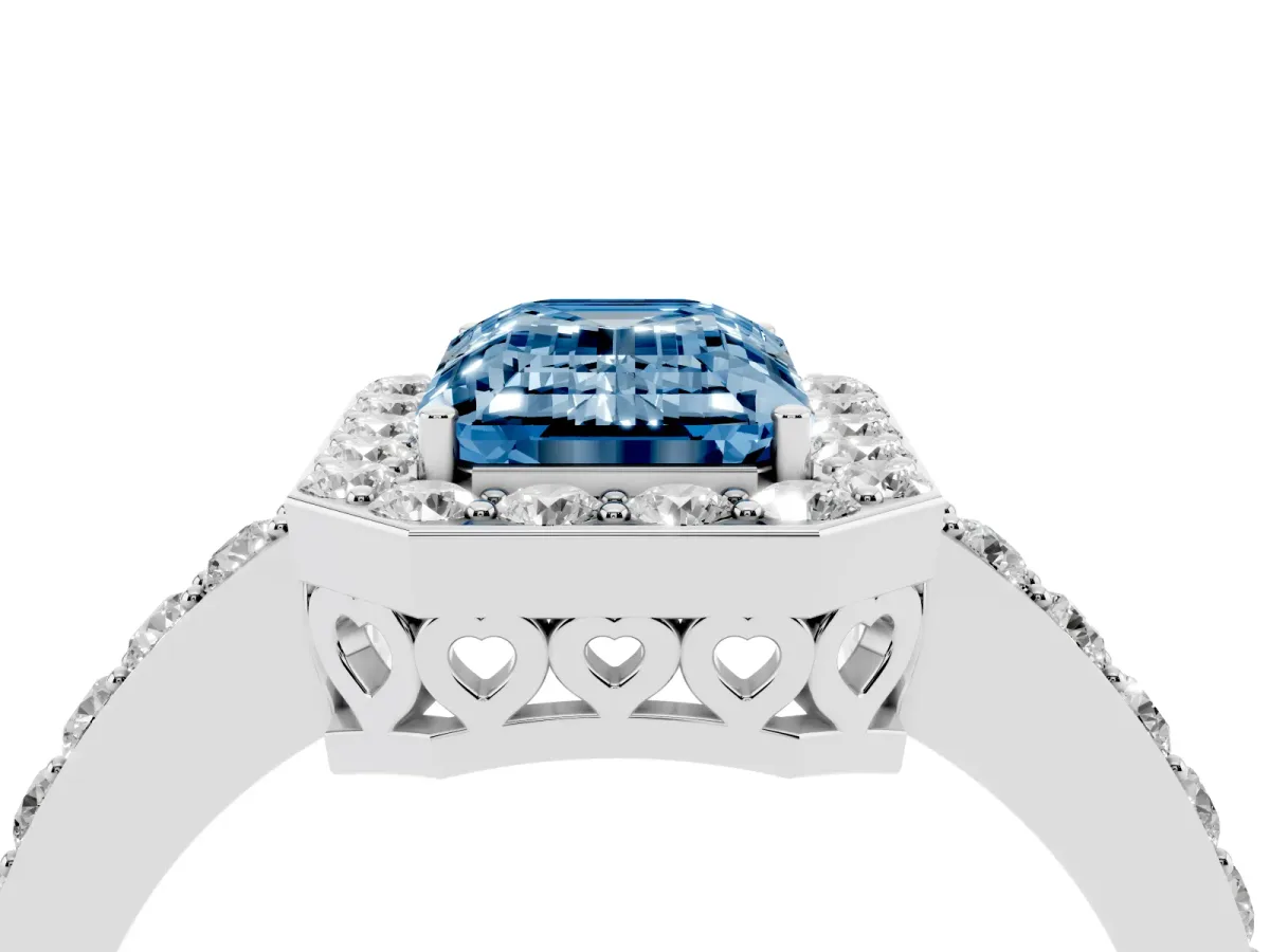 Fancy Blue Emerald Cut Halo Diamond Pavé Band Ring with Prong Setting Platinum