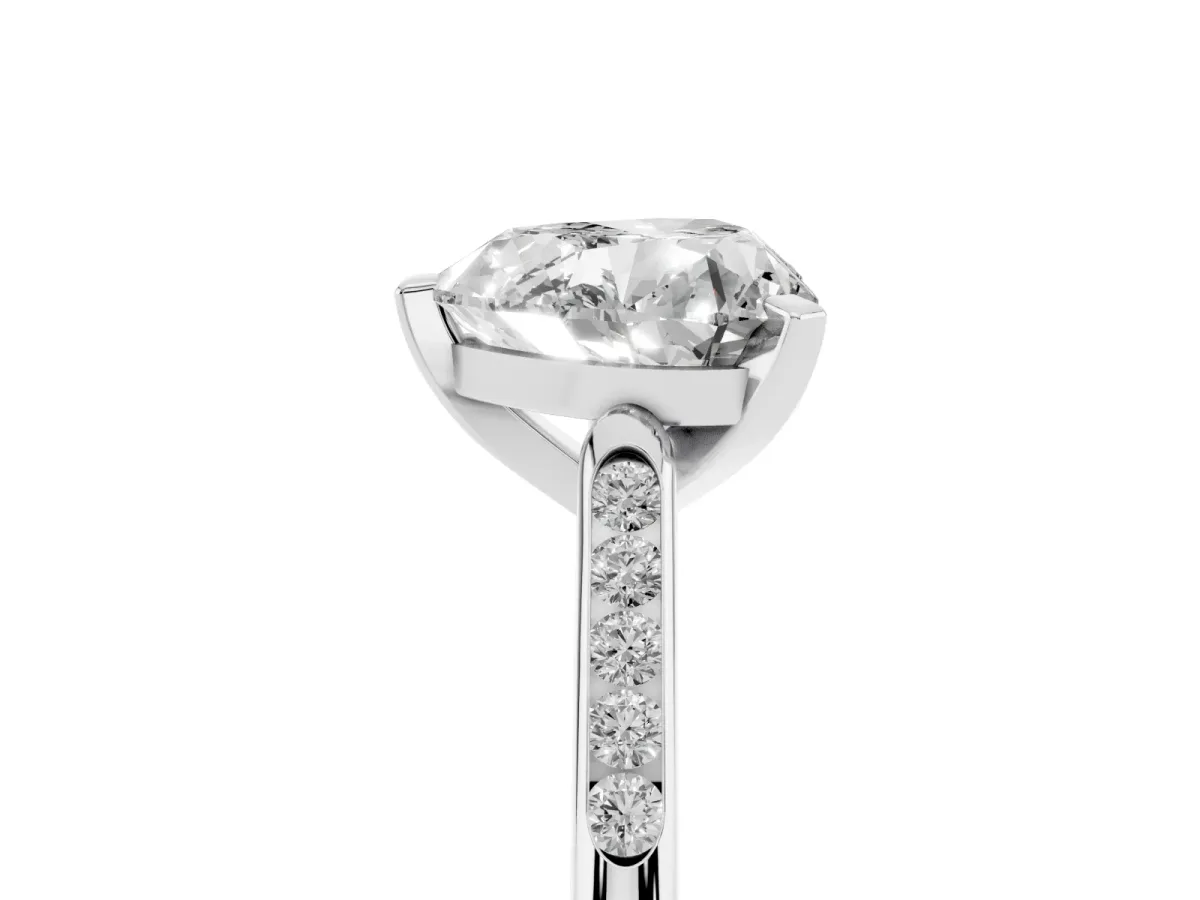 Heart Cut Diamond Solitaire Ring with Channel Set Round Band and Prong Setting Silver