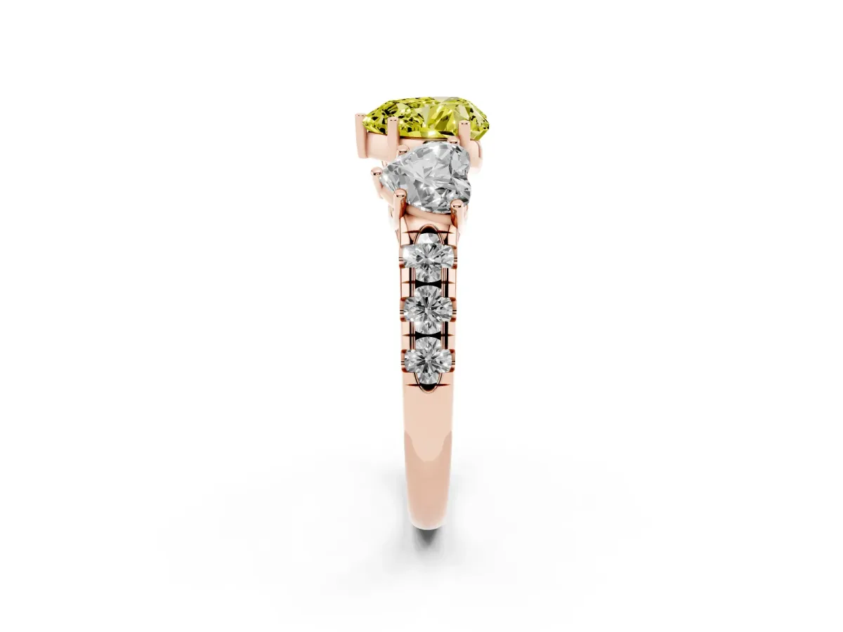 Fancy Yellow Three-Stone Heart Cut Diamond Pavé Band with Prong Setting Rose gold