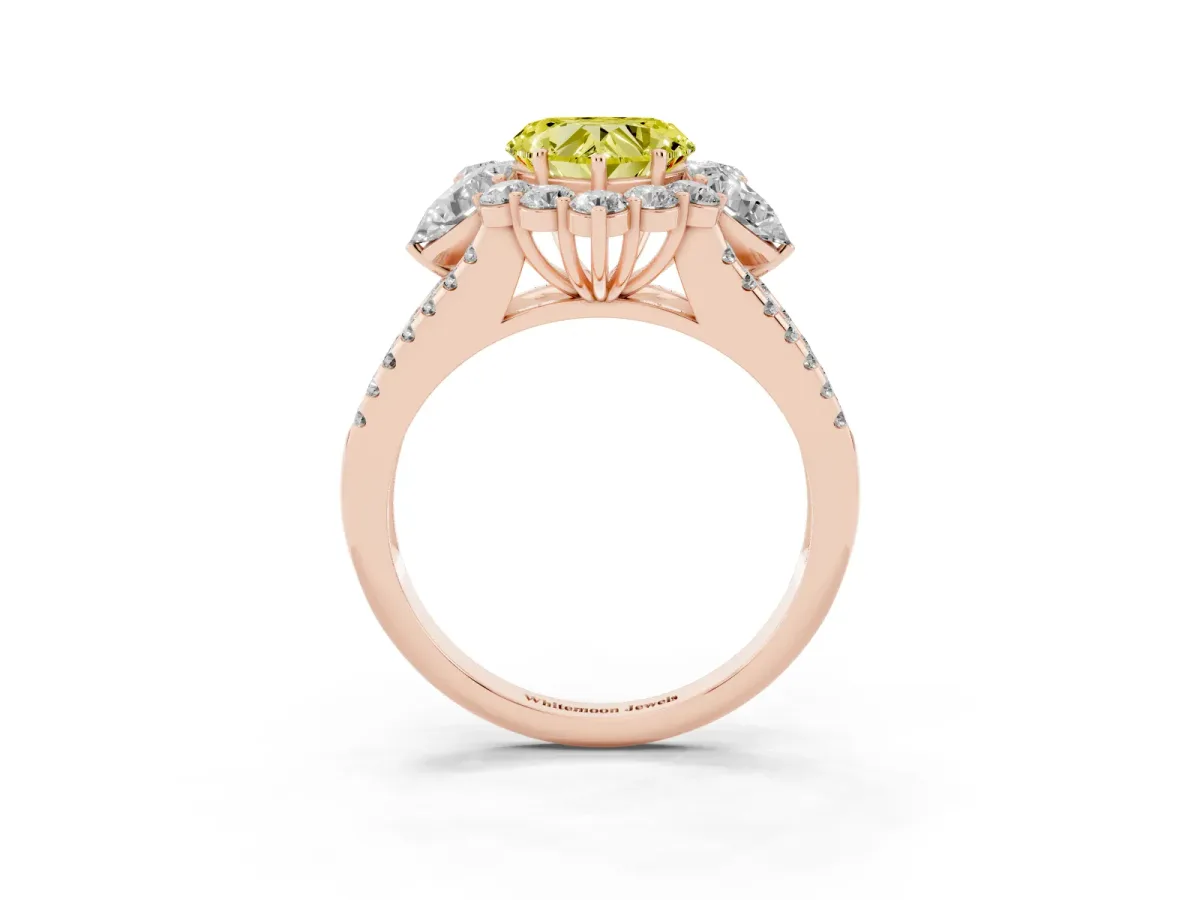 Fancy Yellow Heart Cut Halo Split Shank Diamond Engagement Ring with Prong Setting Rose gold