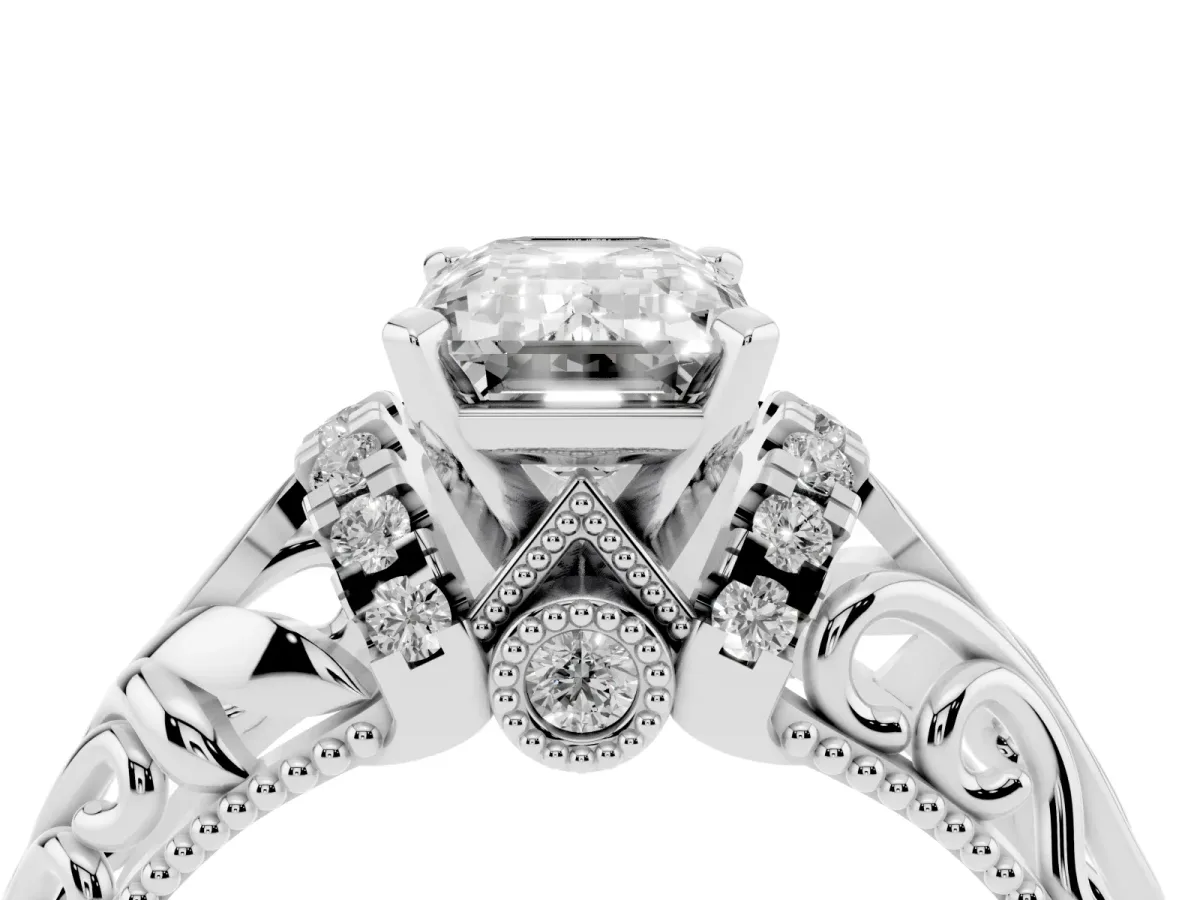 Emerald Cut Solitaire Filigree Engagement Ring with Halo and Prong Setting Platinum