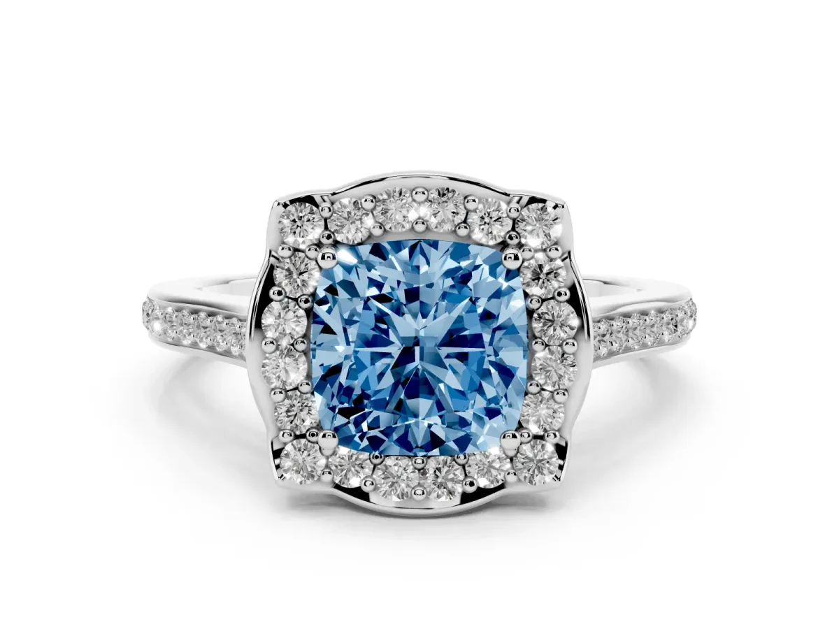 Fancy Blue Cushion Cut Halo Round Diamond Pave Band with Four-Prong Setting Platinum