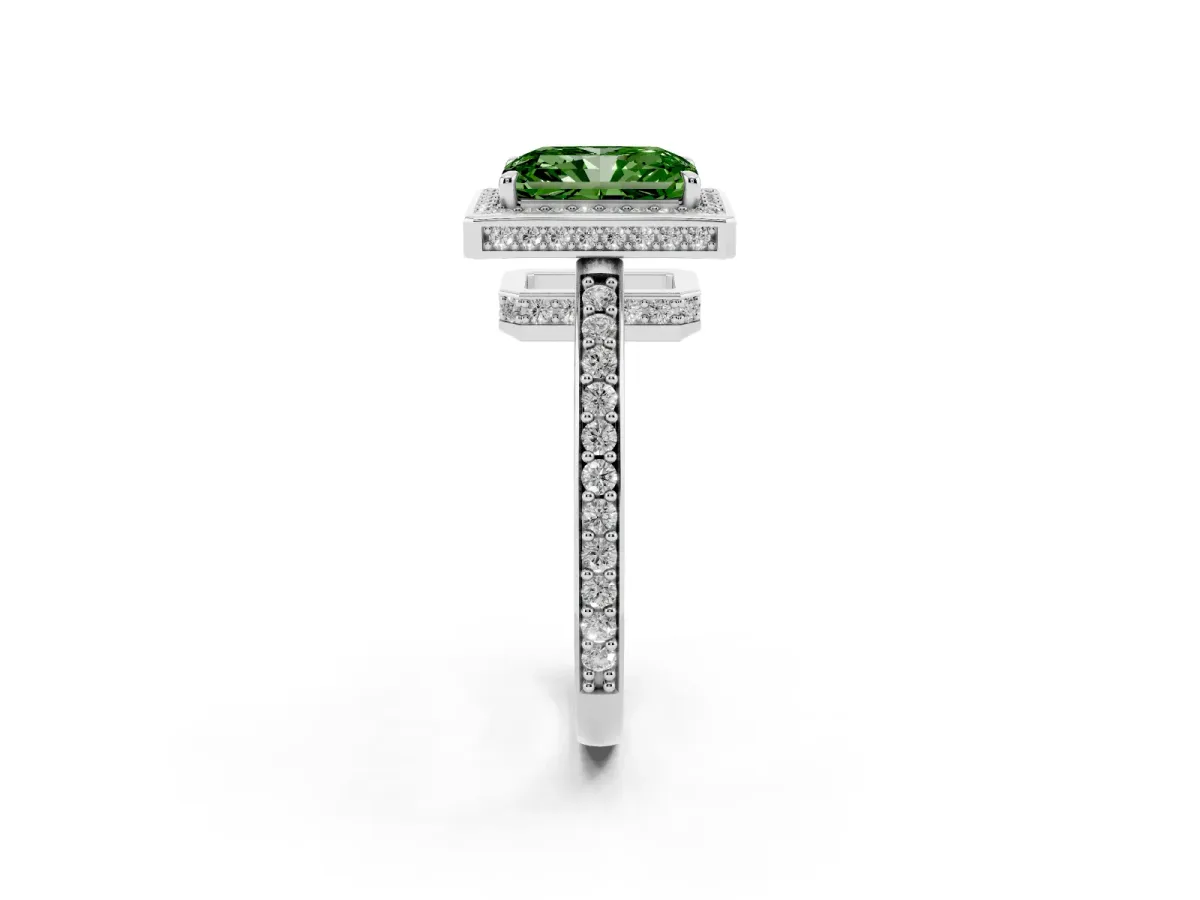 Fancy Green Radiant Cut Halo Pave Band Solitaire Ring with Prong Setting White gold