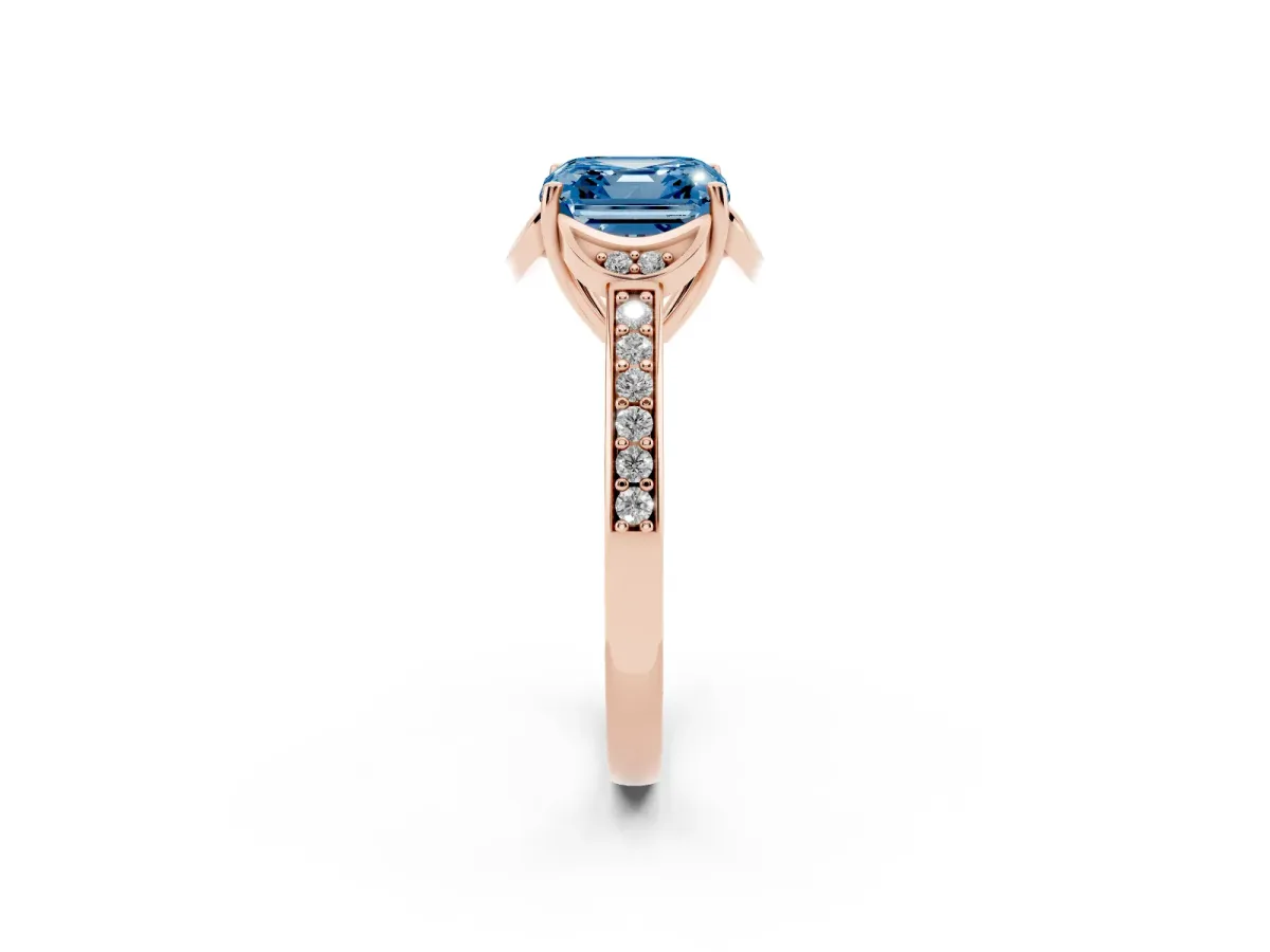 Fancy Blue Asscher Cut Cut Halo Diamond Ring with Channel Set Band and Four-Prong Setting Rose gold