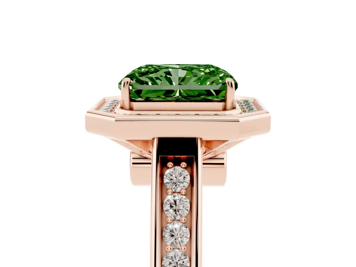 Fancy Green Emerald Cut Halo Solitaire Diamond Ring with Pave Band and Bezel Setting Rose gold