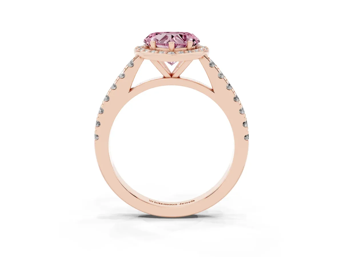 Fancy Pink Heart Cut Cut Halo Diamond Engagement Ring with Pave Band and Four-Prong Setting Rose gold