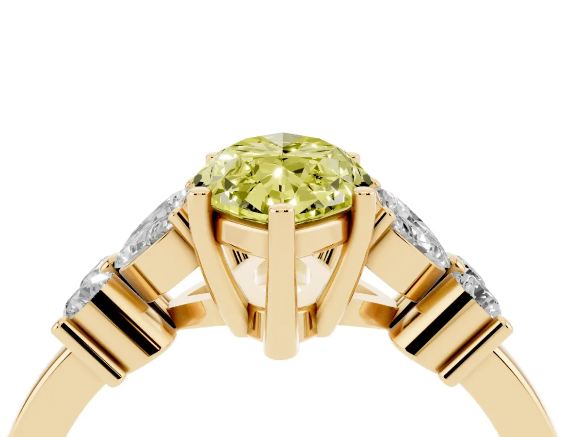 Fancy Yellow Marquise Cut Diamond Floral Cluster Ring with Solitaire Band and Prong Setting Yellow gold