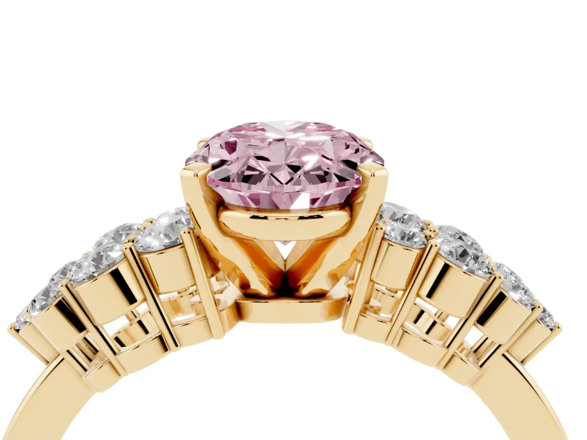 Fancy Pink Oval Cut Cluster Diamond Engagement Ring with Pavé Band and Four-Prong Setting Yellow gold