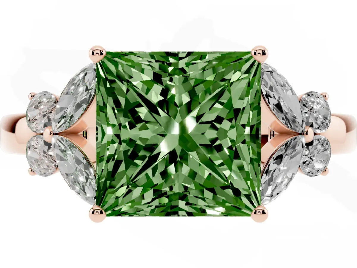 Fancy Green Princess Cut Cut Solitaire Floral Diamond Ring with Four-Prong Setting Rose gold